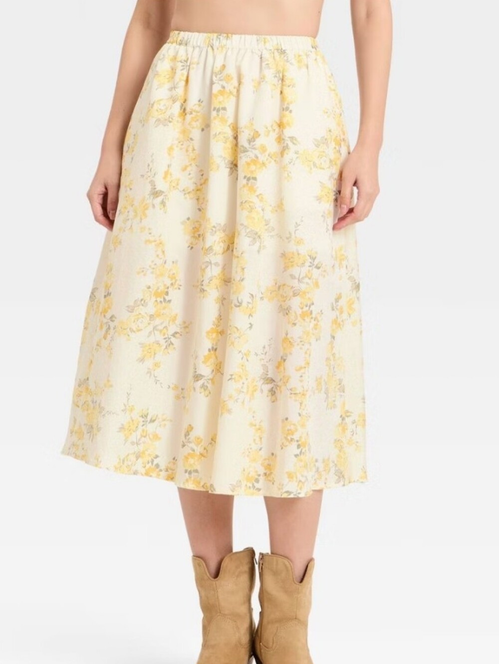 a new day Cream Midi Skirt with Yellow Floral Print Size Medium